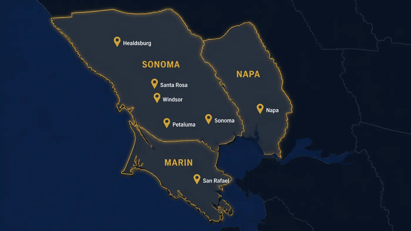 Map of Sonoma, Napa, and Marin counties showing North Coast Roofing service area